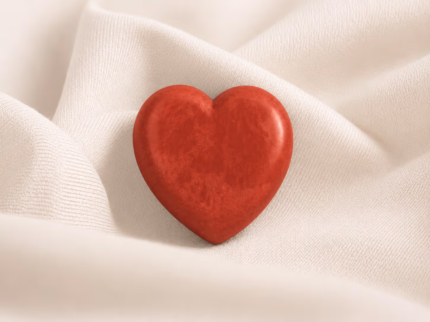 Red heart-shaped object resting on soft, cream-colored fabric with folds.
