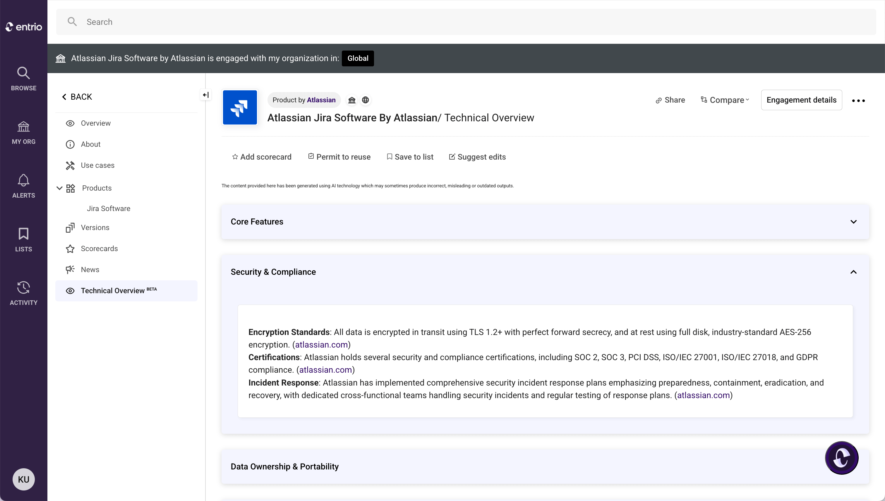Technical overview of Atlassian Jira Software displaying security and compliance details including encryption standards, certifications, and incident response protocols.