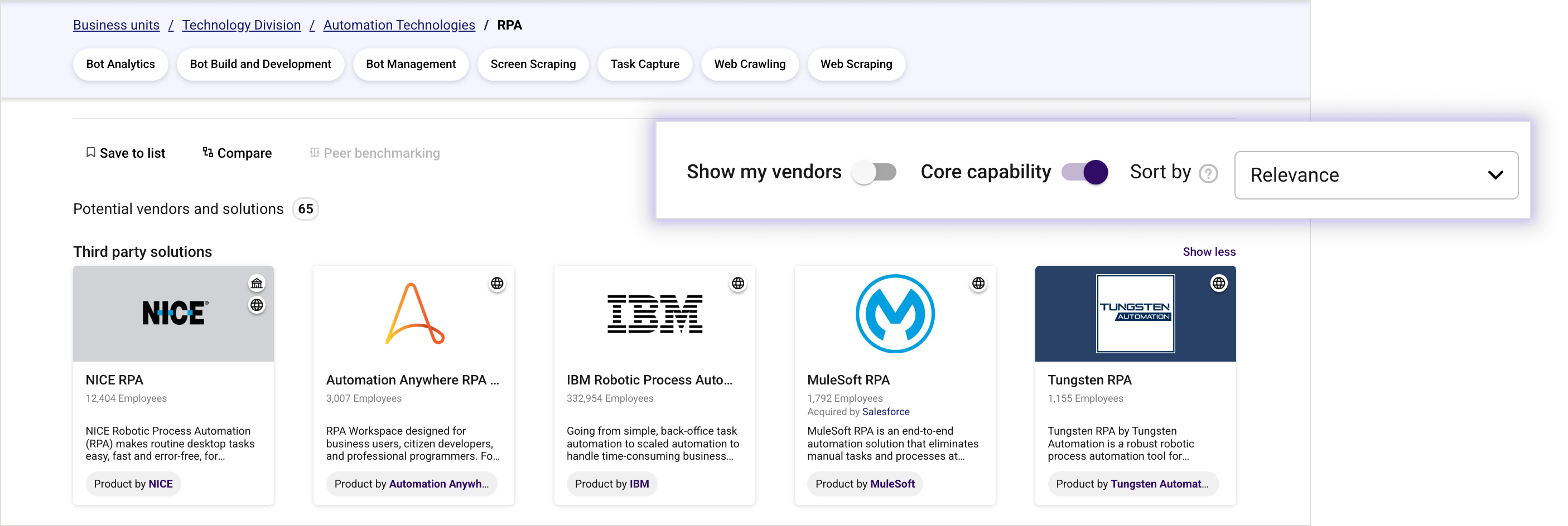 User interface showing a list of RPA third-party solutions with vendors NICE RPA, Automation Anywhere, IBM, MuleSoft, and Tungsten RPA, each with employee counts and brief descriptions.