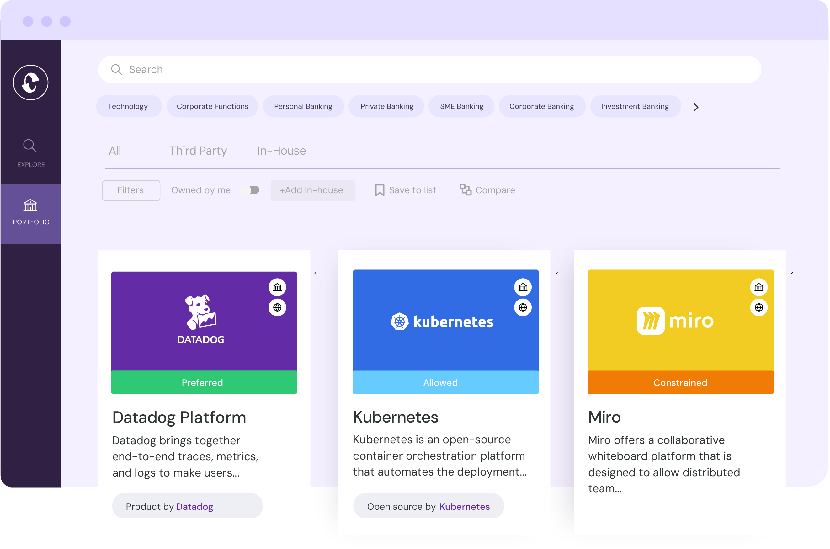 Dashboard showing solutions cards for Datadog, Kubernetes, and Miro with usage status and brief descriptions.