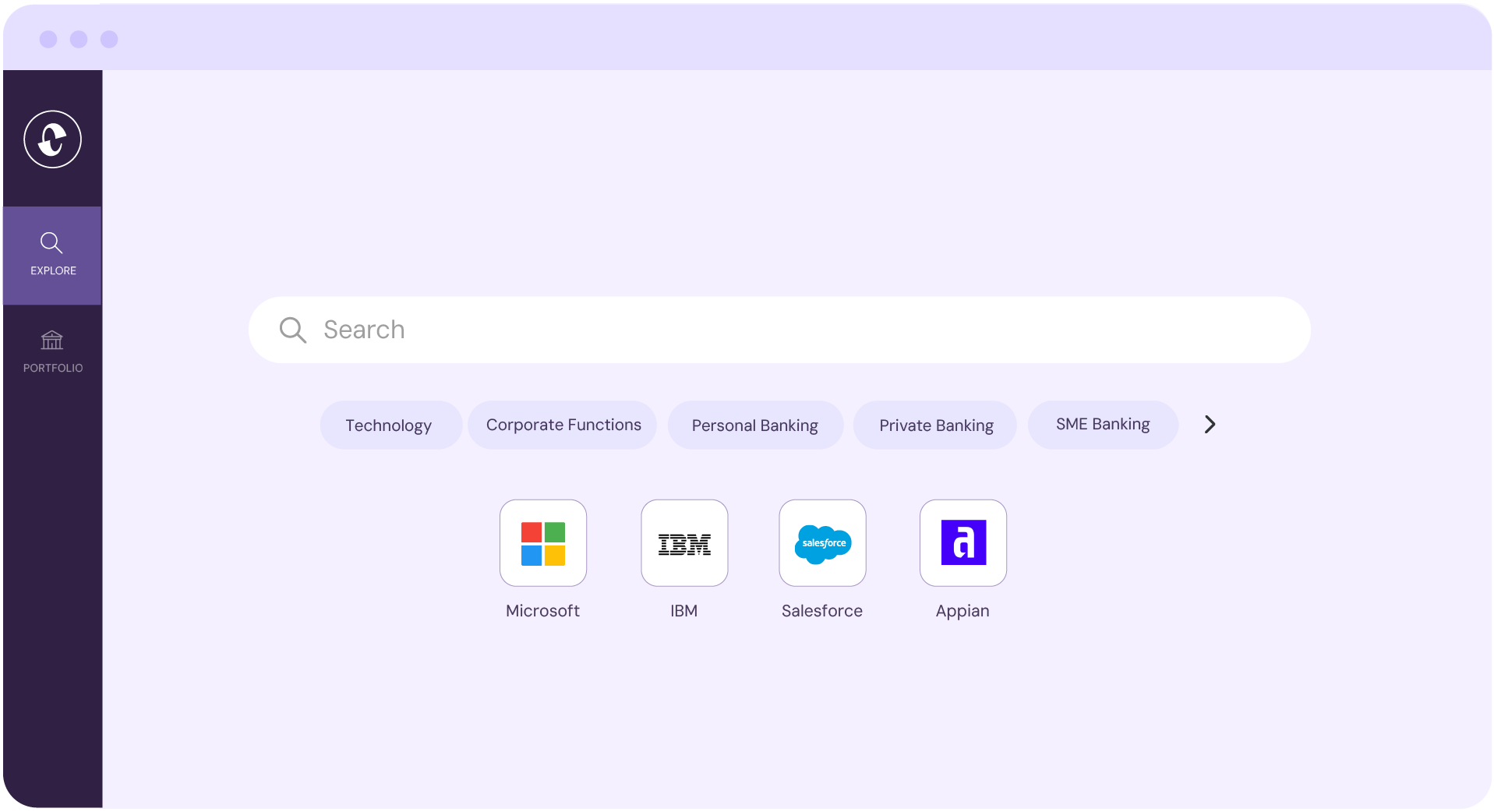 Search interface with filters Technology, Corporate, Banking and logos of Microsoft, IBM, Salesforce, Appian.