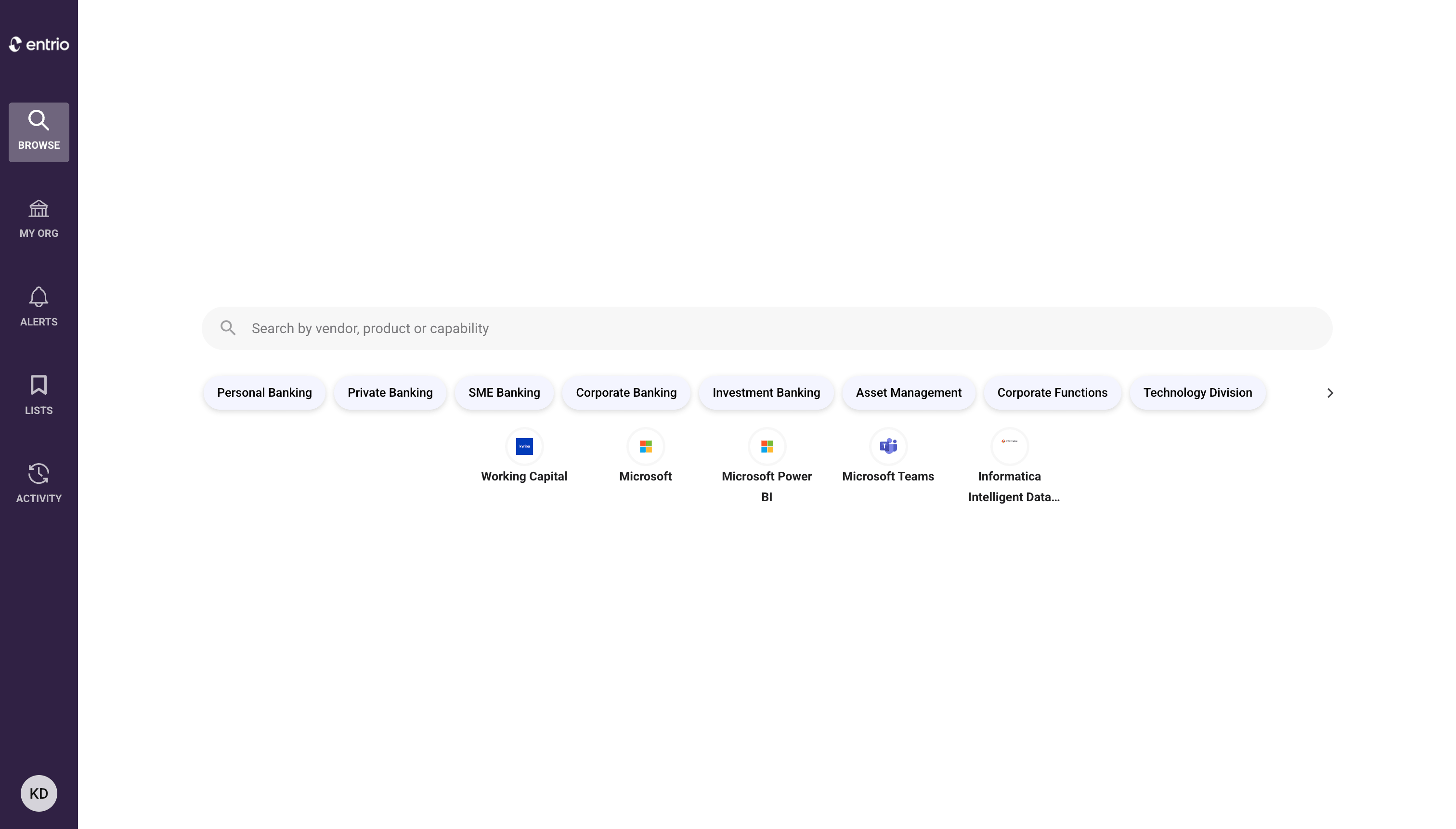 User interface with sidebar menu and search bar for browsing banking and technology services.