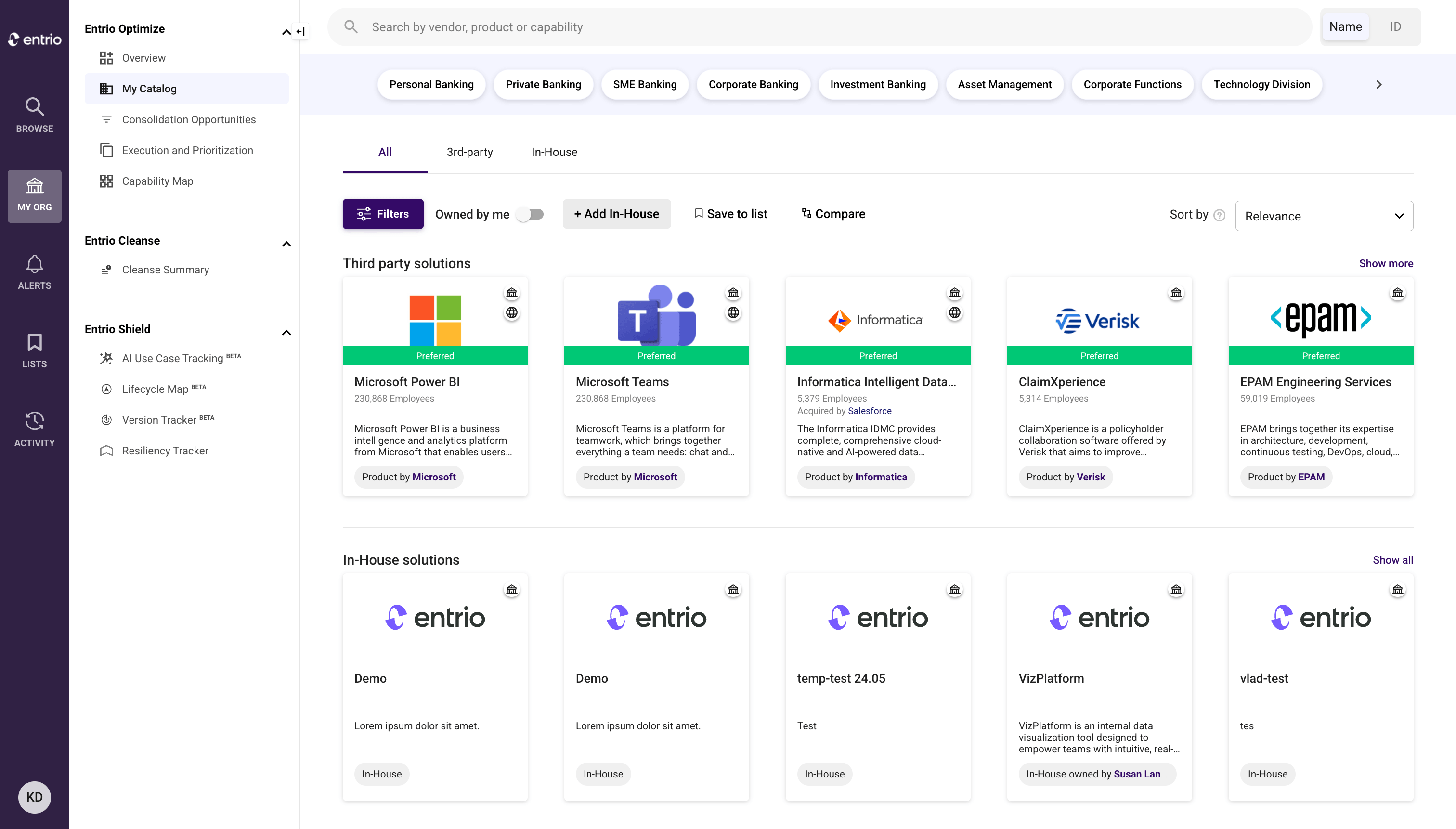 Entrio Optimize My Catalog page showing third-party and in-house software solutions with filter and search options.