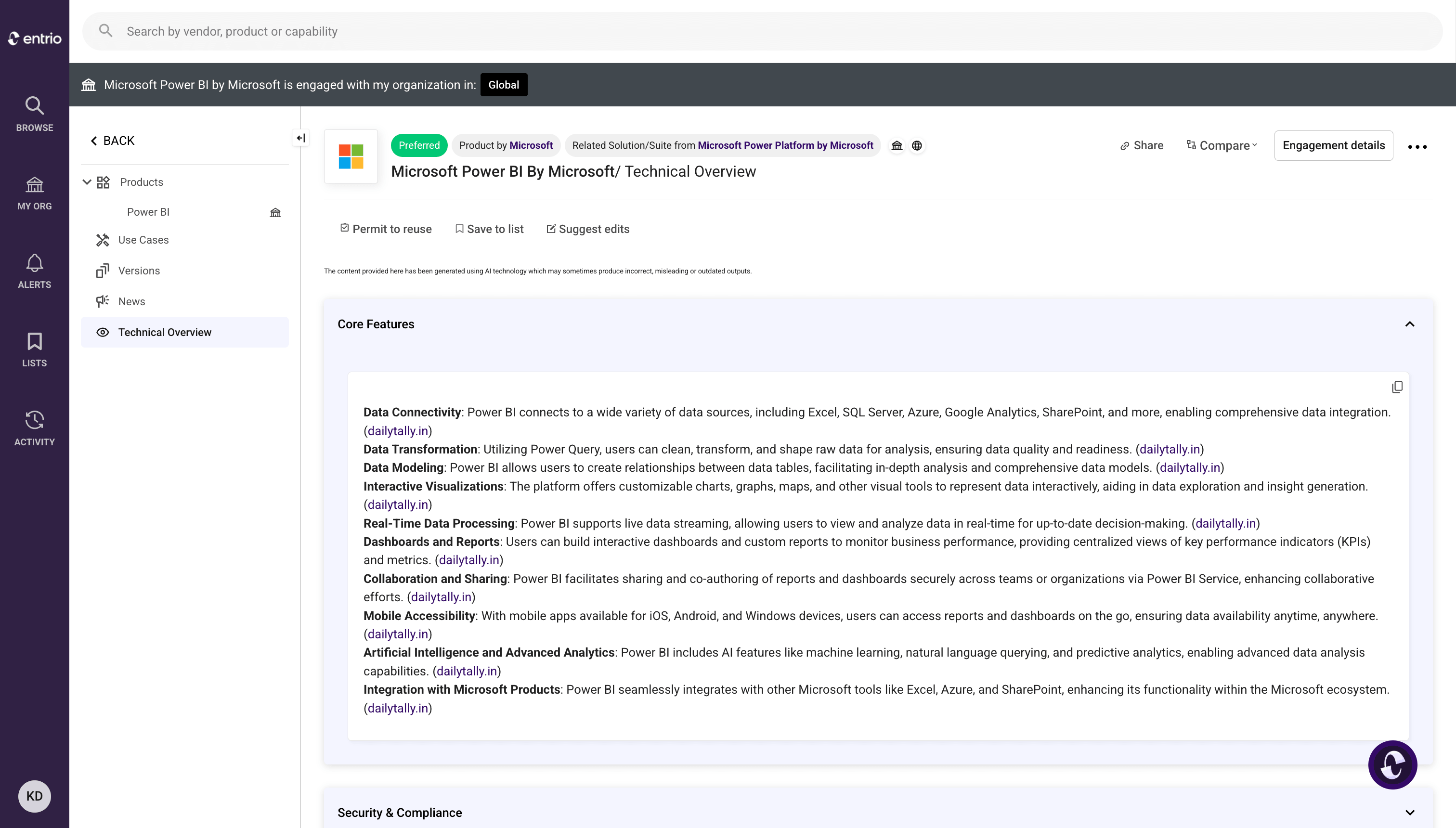 Screenshot of Microsoft Power BI technical overview listing core features and navigation menu on left.