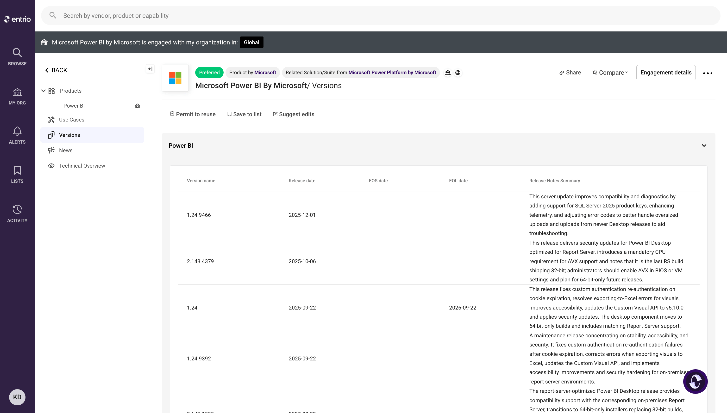 Profile showing Microsoft Power BI versions, release dates, and release notes in a table format.