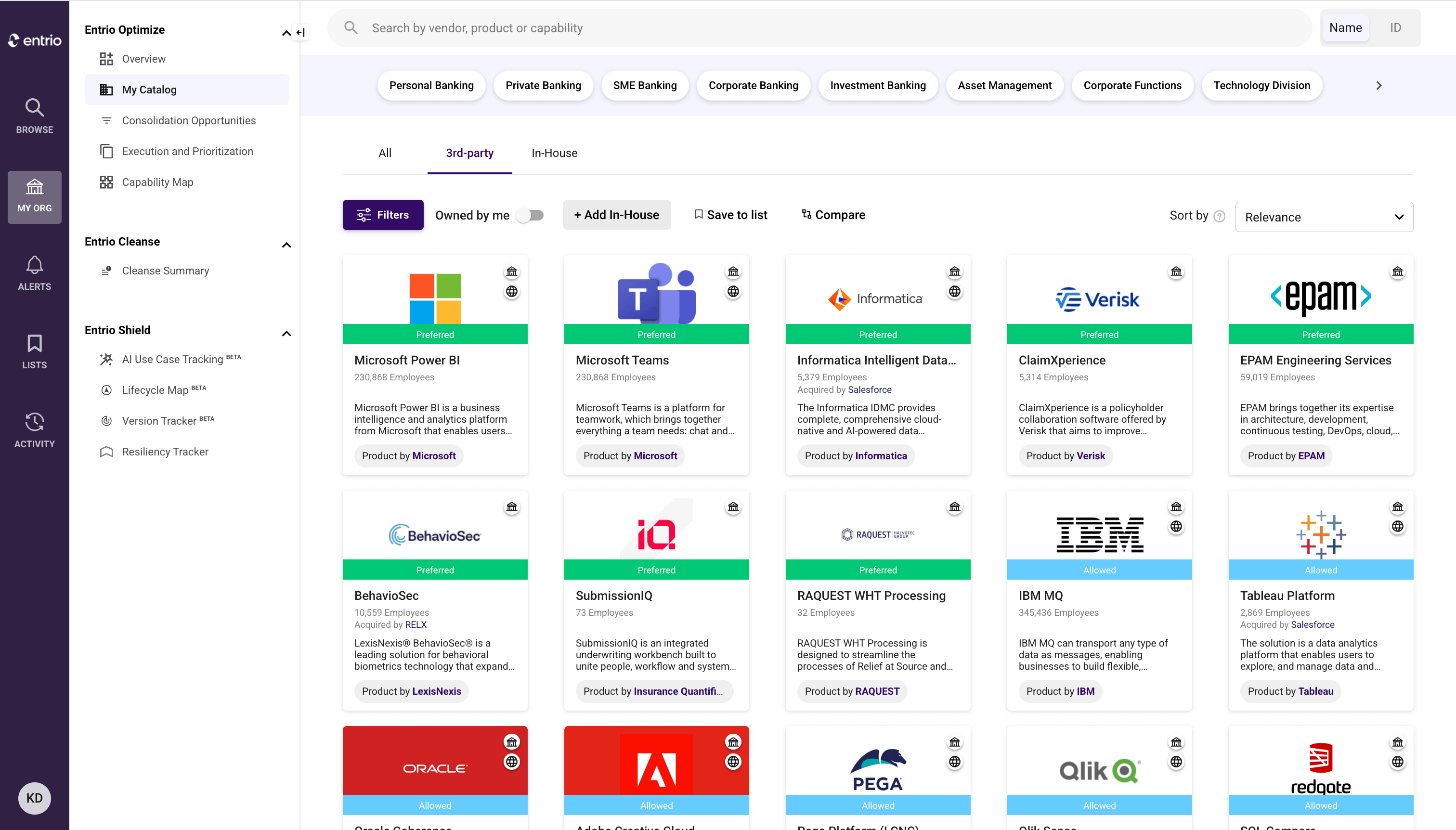 Dashboard showing 3rd-party software catalog with filters, product cards, and sorting options in Entrio Optimize.