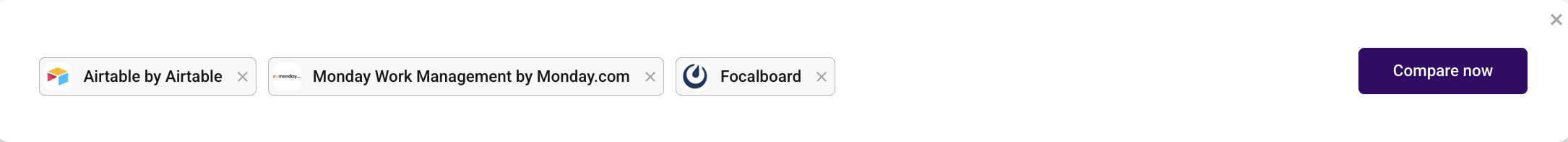 Comparison bar with Airtable, Monday Work Management, Focalboard options and a purple Compare now button.