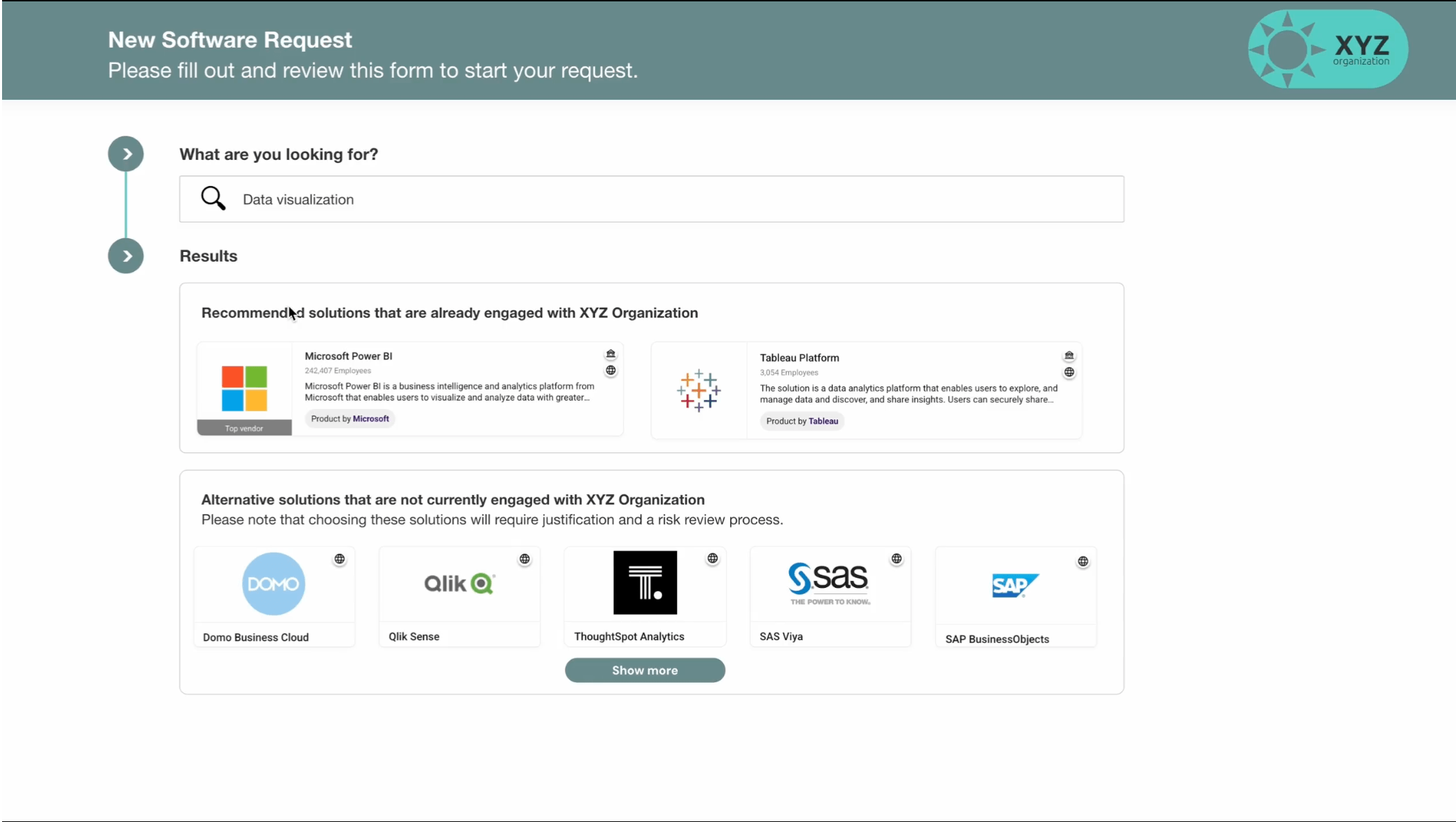 Software request form showing data visualization tools already and not currently used by XYZ Organization.