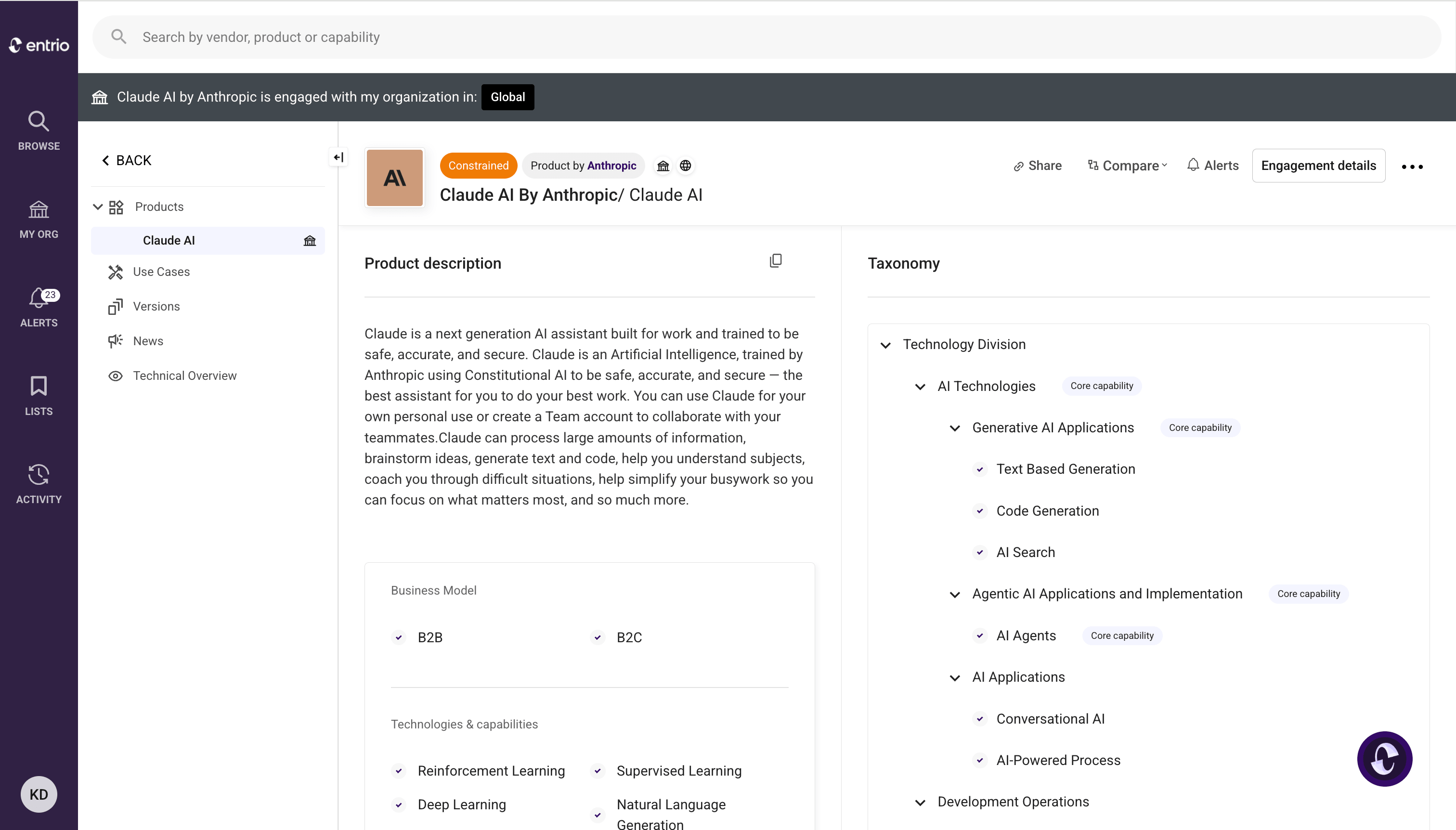 Dashboard showing Claude AI by Anthropic product description, business model, technologies, and taxonomy details.