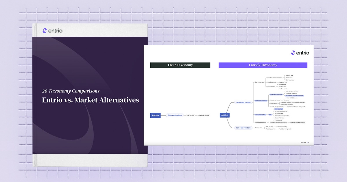 Cover of the comparison ebook and a page that shows a side by side view of Entrio's Taxonomy vs a market alternative.
