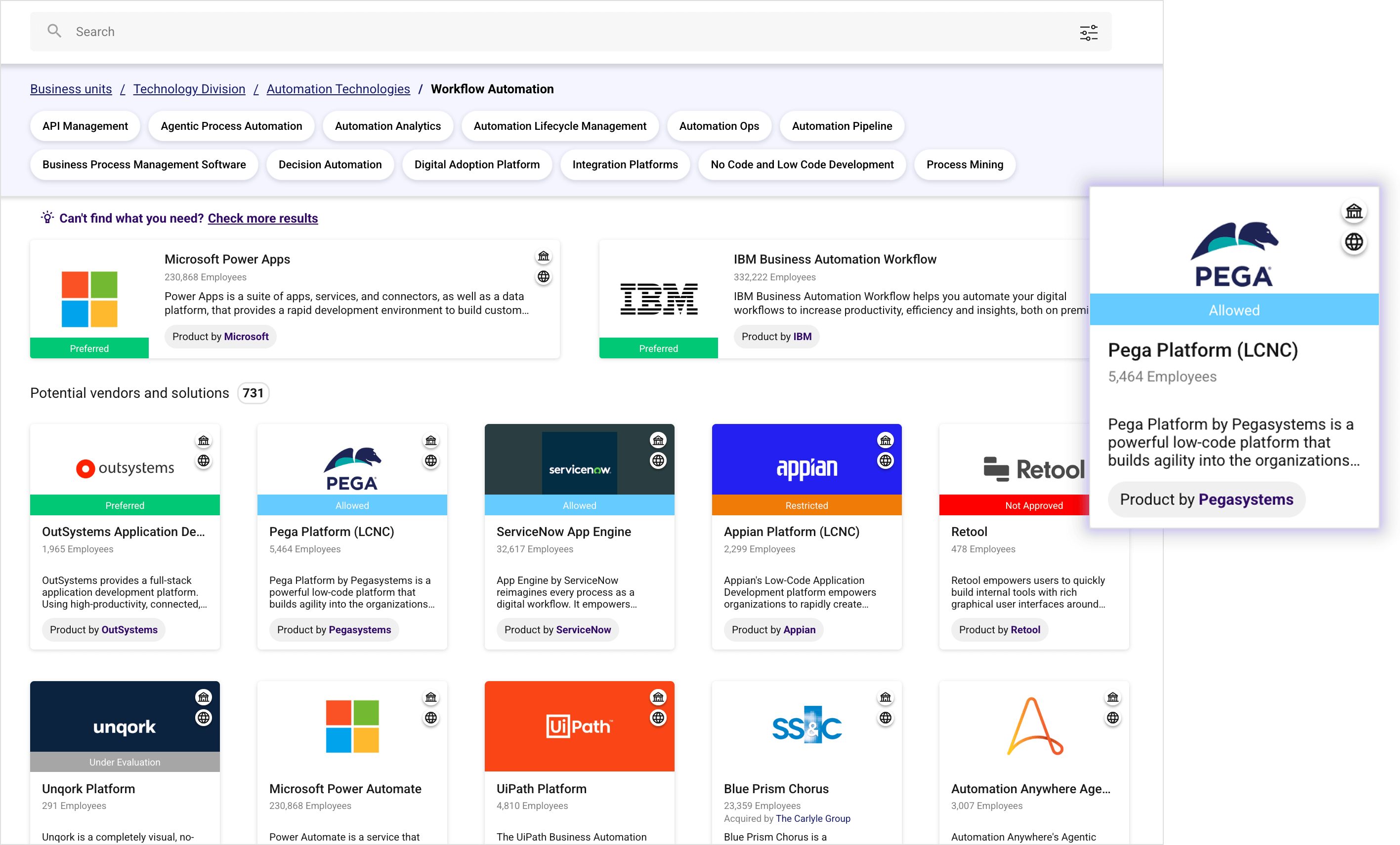 Dashboard showing various workflow automation platforms with company logos, employee counts, status labels like Preferred, Allowed, Restricted, and Not Approved, and brief product descriptions.