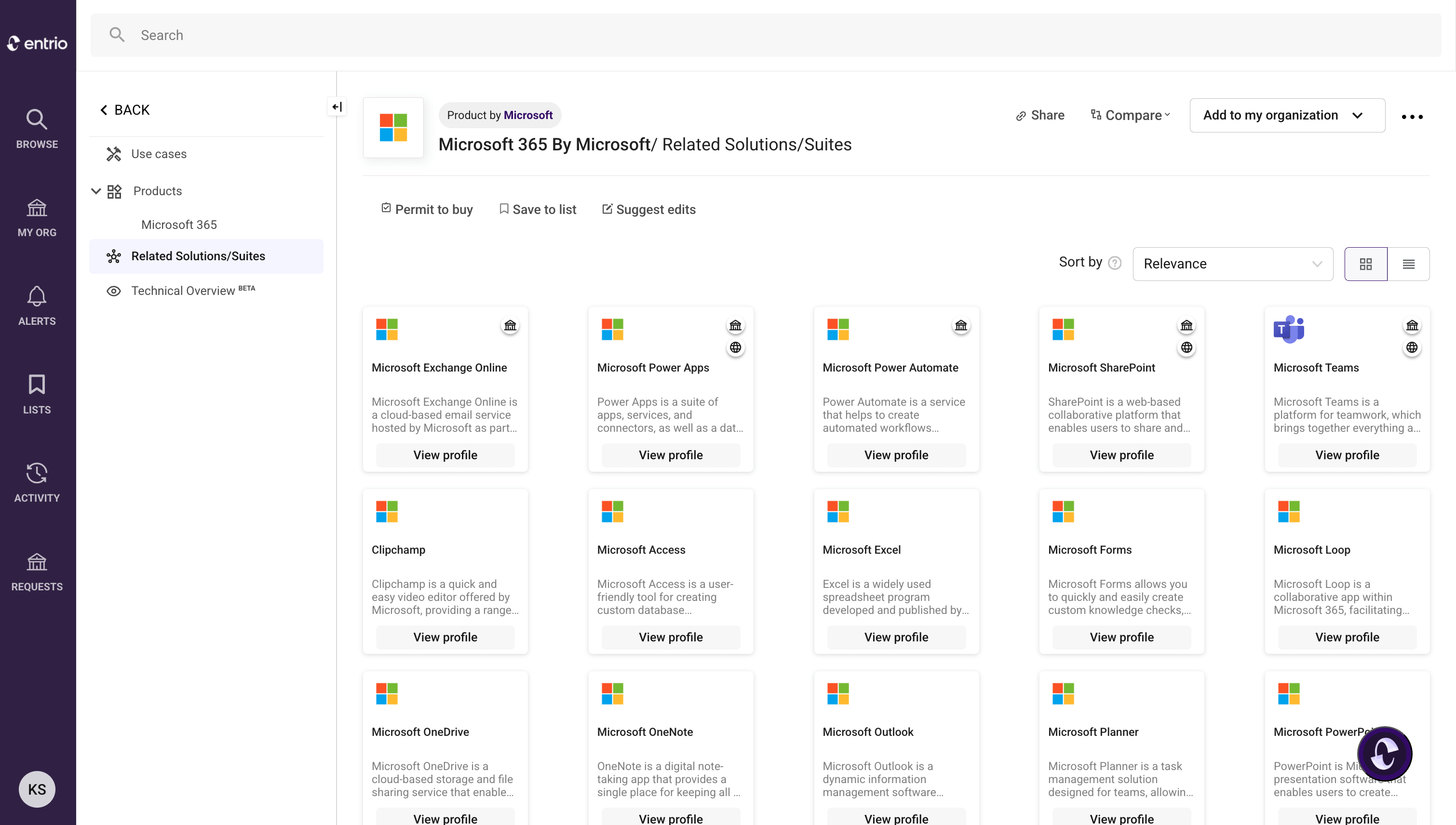 Entrio software interface showing Microsoft 365 product suite with tiles for various Microsoft apps like Exchange Online, Power Apps, SharePoint, Teams, Excel, and more.