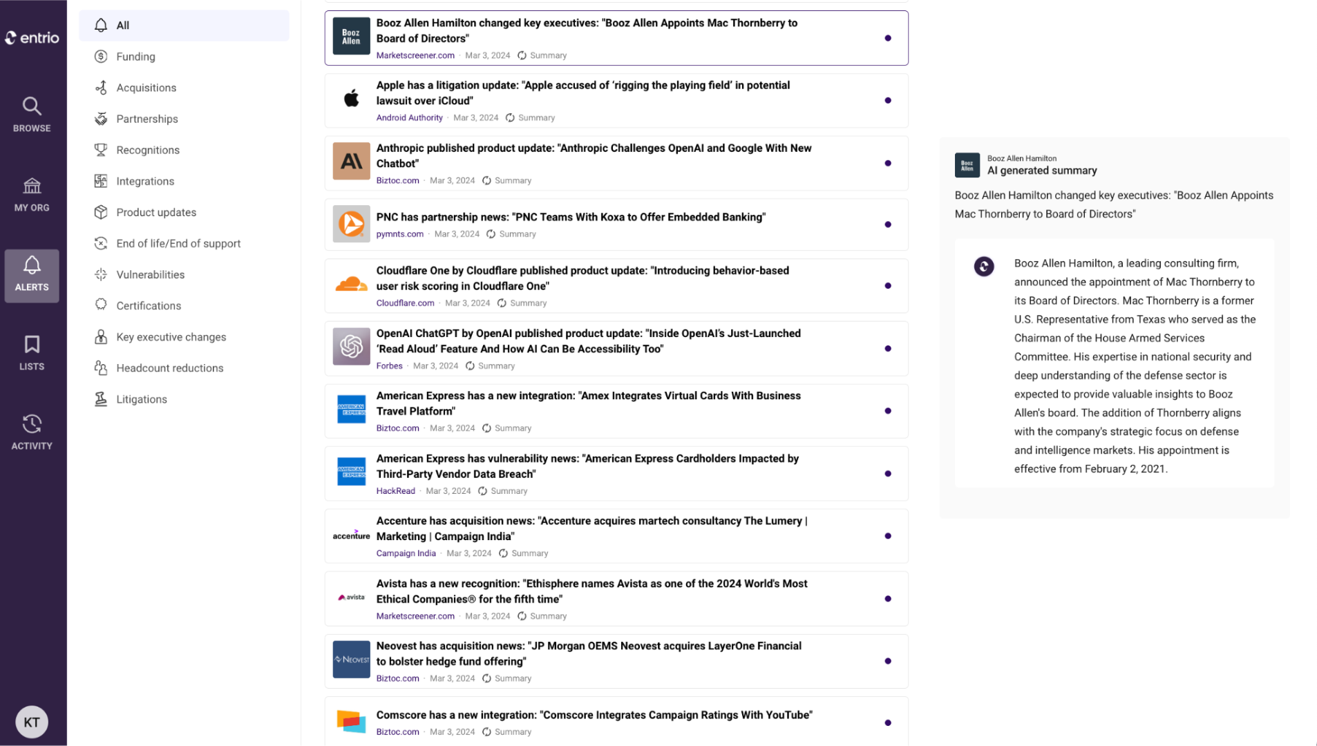 Screenshot of using generative AI to summarize an alert in Entrio's Live Solutions Catalog.