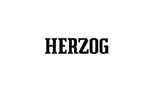 The word 'HERZOG' in bold uppercase serif font on a black background.