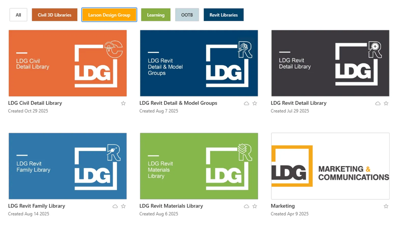 Six color-coded LDG library Channel Cards with names and creation dates.