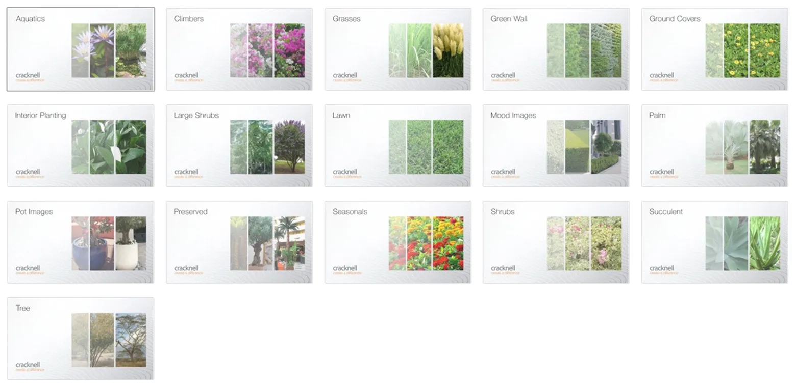 AVAIL environment background of 15 plant categories including aquatics, climbers, grasses, green wall, and various shrubs and trees.