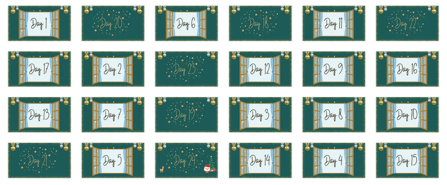 AVAIL user experience example of 24 festive green cards with days numbered 1 to 24, some shown as windows, some with stars. The example firm created an Advent calendar.