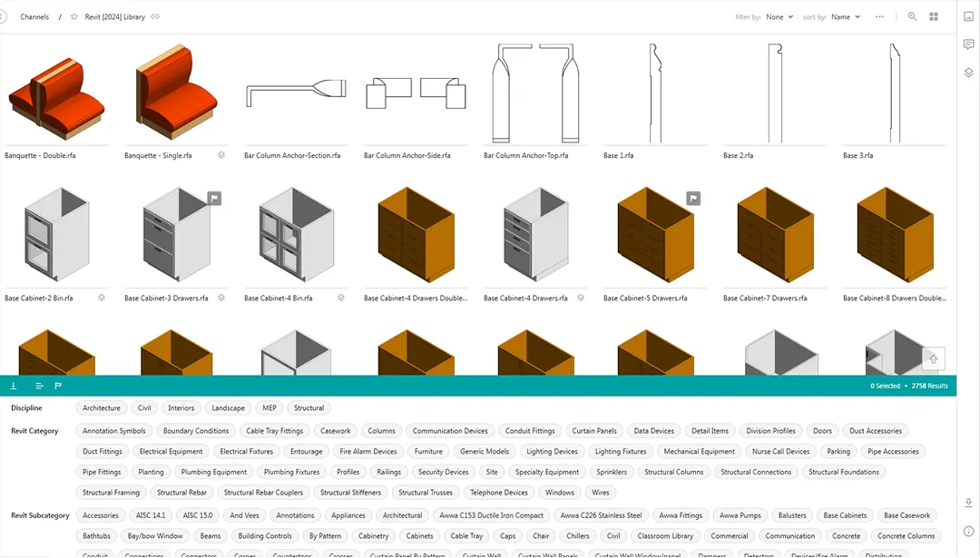 AVAIL user interface showing 3D model thumbnails of Revit content and filter tags below.