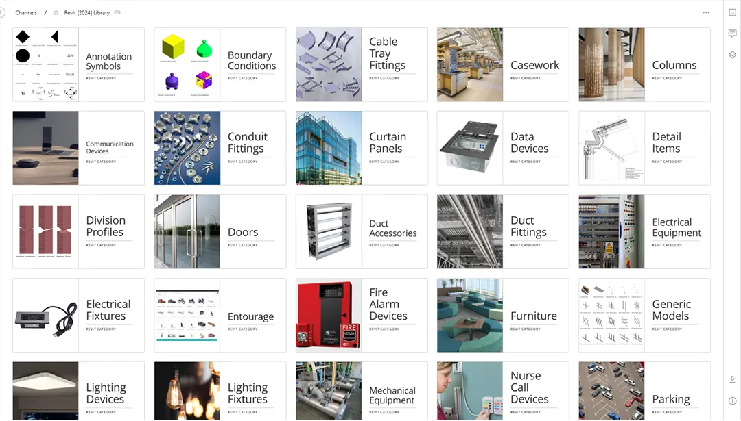 Grid of Revit category Channel Cards showing symbols, fittings, devices, furniture, equipment, and models with images.