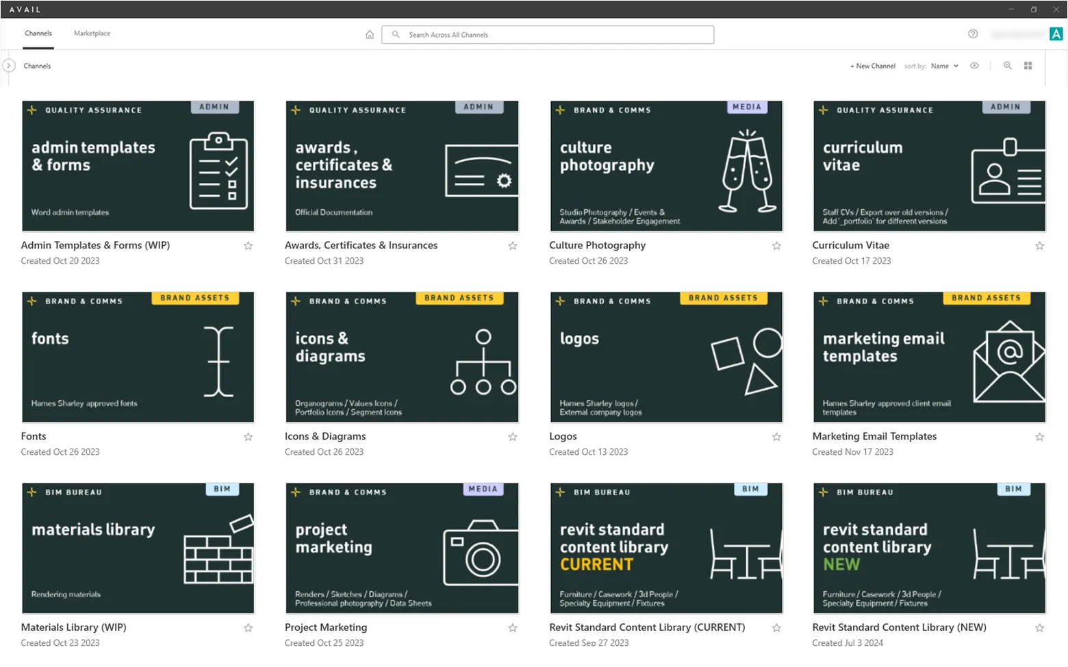 Hames Sharley’s Channel Cards are simple and straightforward, organized by admin, media, brand assets, and BIM.