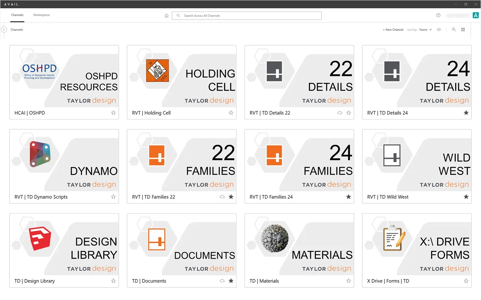 Taylor Design Channel Cards organized by Details, Dynamo, Families, Wild West, and more
