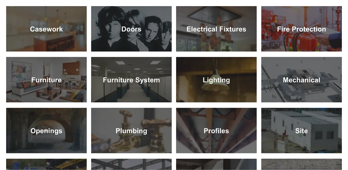 Gray AE has organized content in AVAIL by Casework, Electrical Features, Lighting, Plumbing, etc.