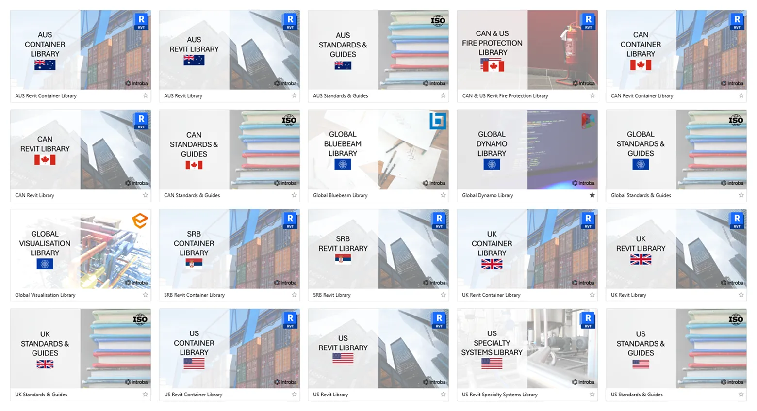 Introba's organizational strategy marries platform logos like Revit with imagery, category title, and flag of office to use content.