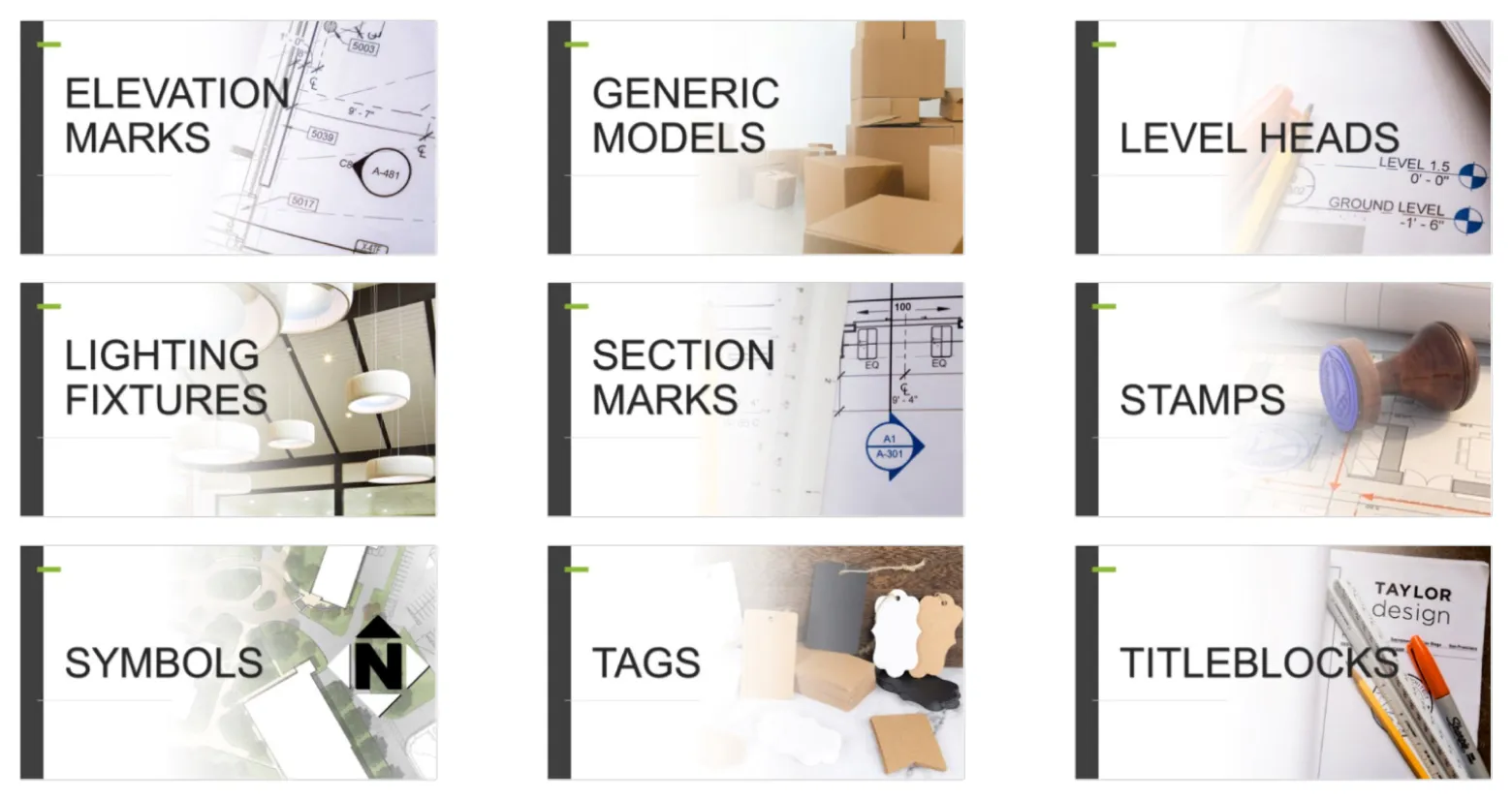 Taylor Design's creative organizational strategy marries imagery with direct content category names like Tags, Stamps, Symbols, Lighting Fixtures, etc.