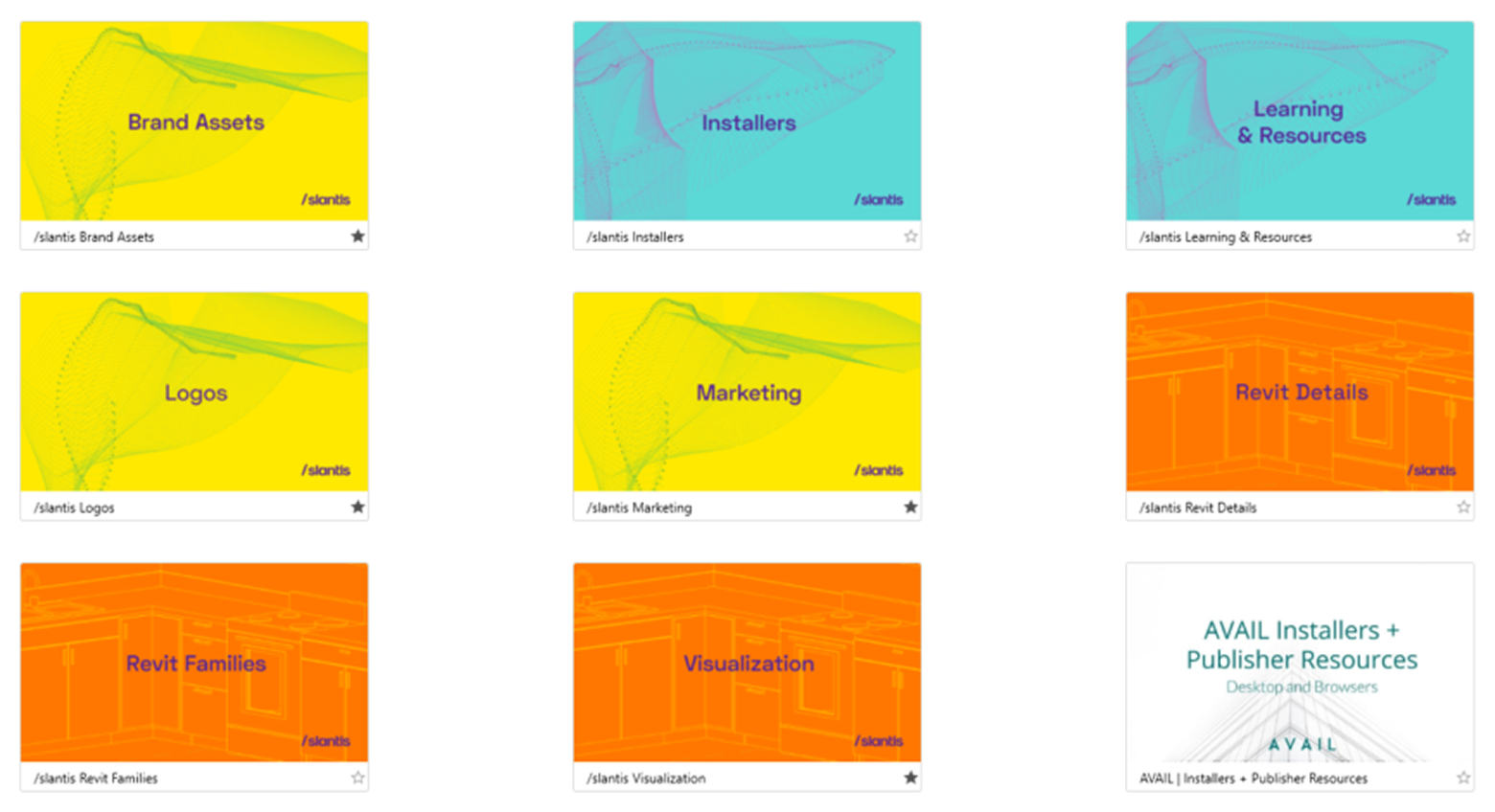 /slantis' organizational strategy in AVAIL utilizing color, category titles, and subtle imagery to convey content