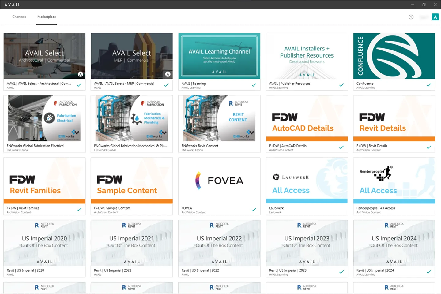 Marketplace Channels in AVAIL interface include AVAIL Select Channels for manufacturer content, the AVAIL Learning Channel, and ArchVision content.