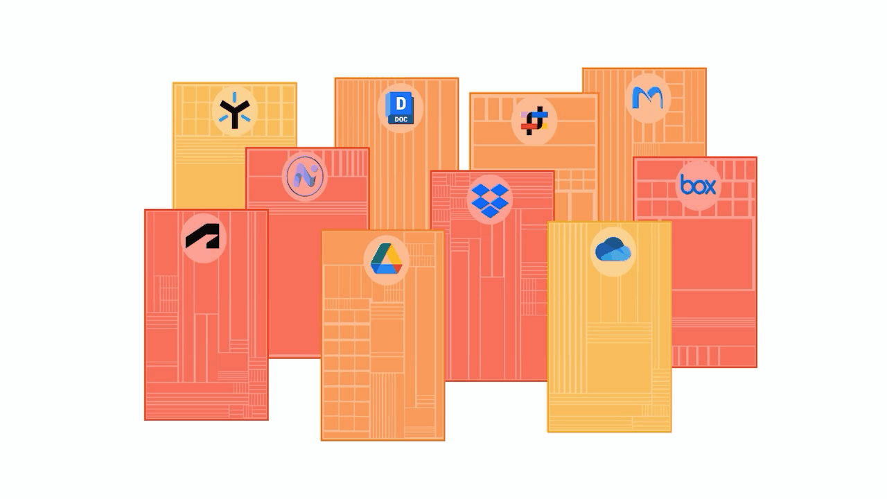 GIF showing locations of content that can be indexed into AVAIL including Dropbox, Egnyte, Google Drive, OneDrive, and more