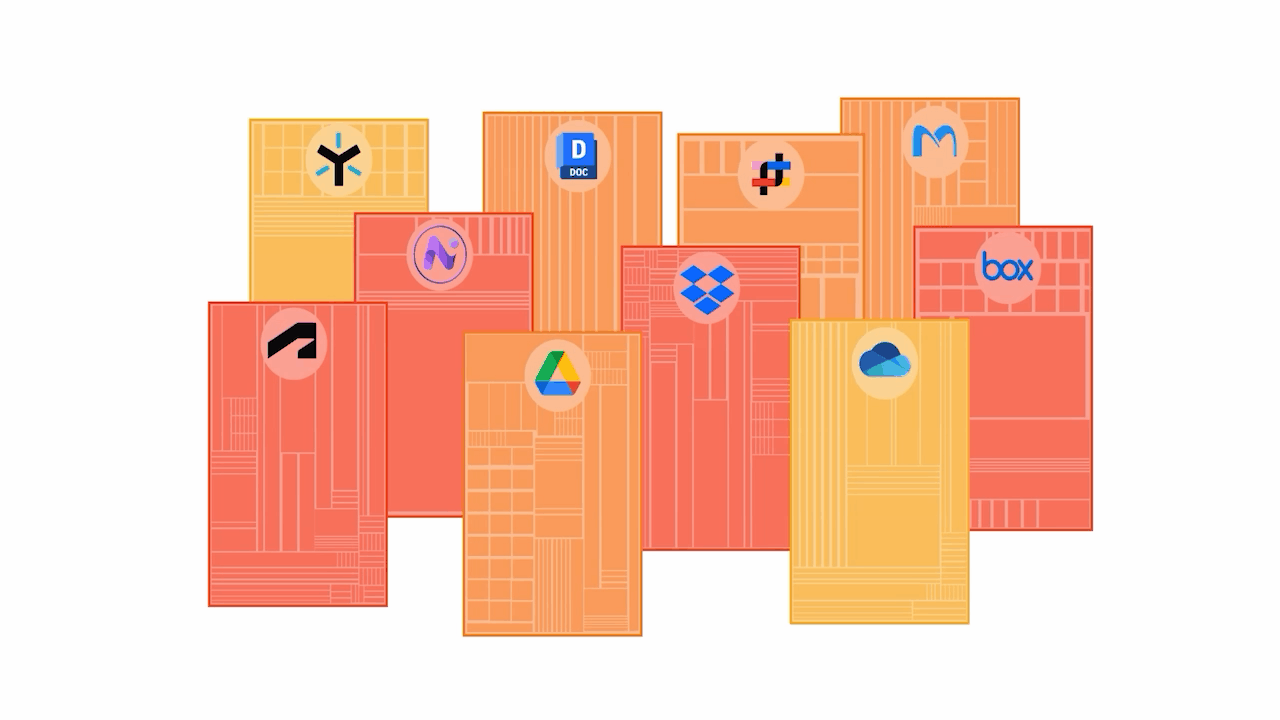 GIF showing locations of content that can be indexed into AVAIL including Dropbox, Egnyte, Google Drive, OneDrive, and more