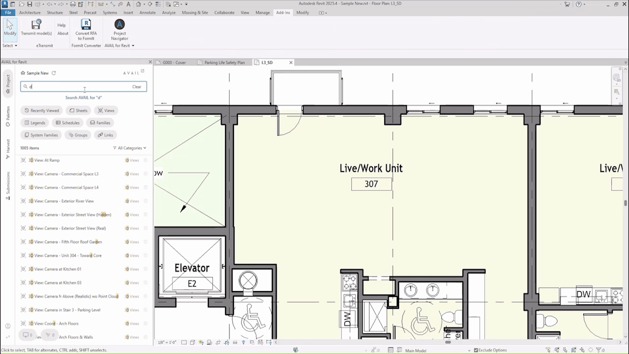 GIF of AVAIL for Revit Project Navigator tool finding content in the Revit native environment. 