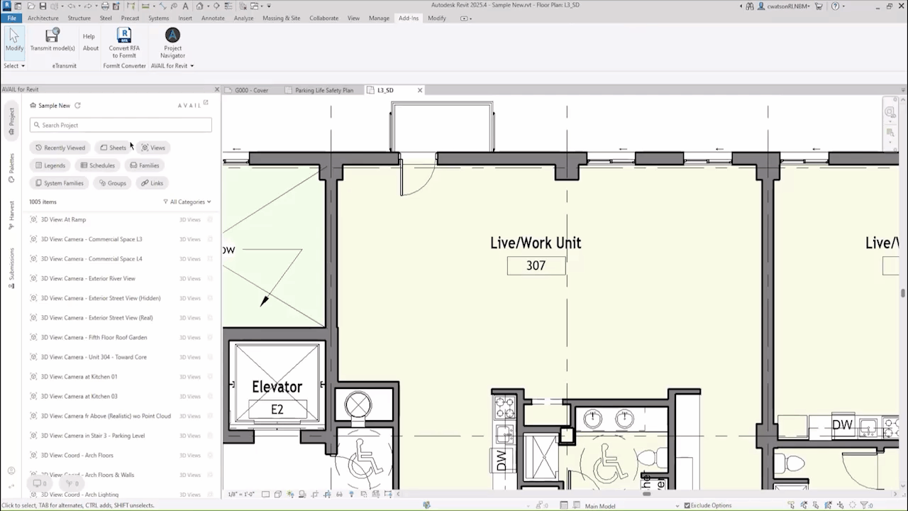 GIF of AVAIL for Revit Project Navigator tool finding content in the Revit native environment.
