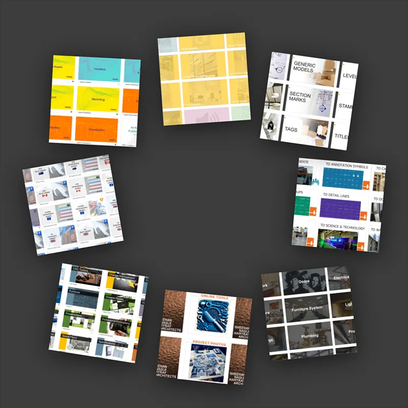 Circle of different organizational card designs (Key Cards and Channel Cards) in AVAIL's content management platform