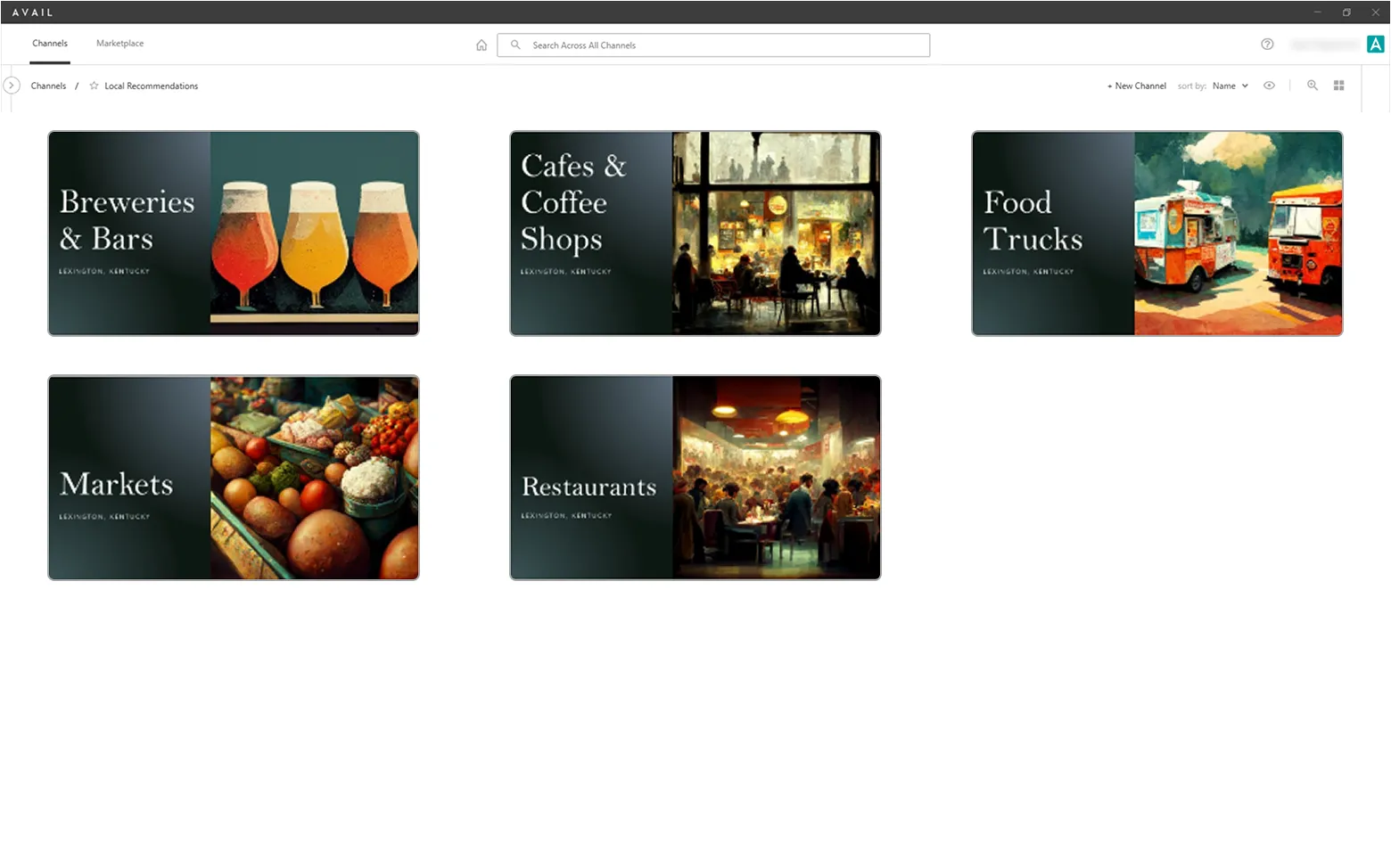 AVAIL content organizational cards broken up by types of projects like breweries & bars, food trucks, and cafes and coffee shops.