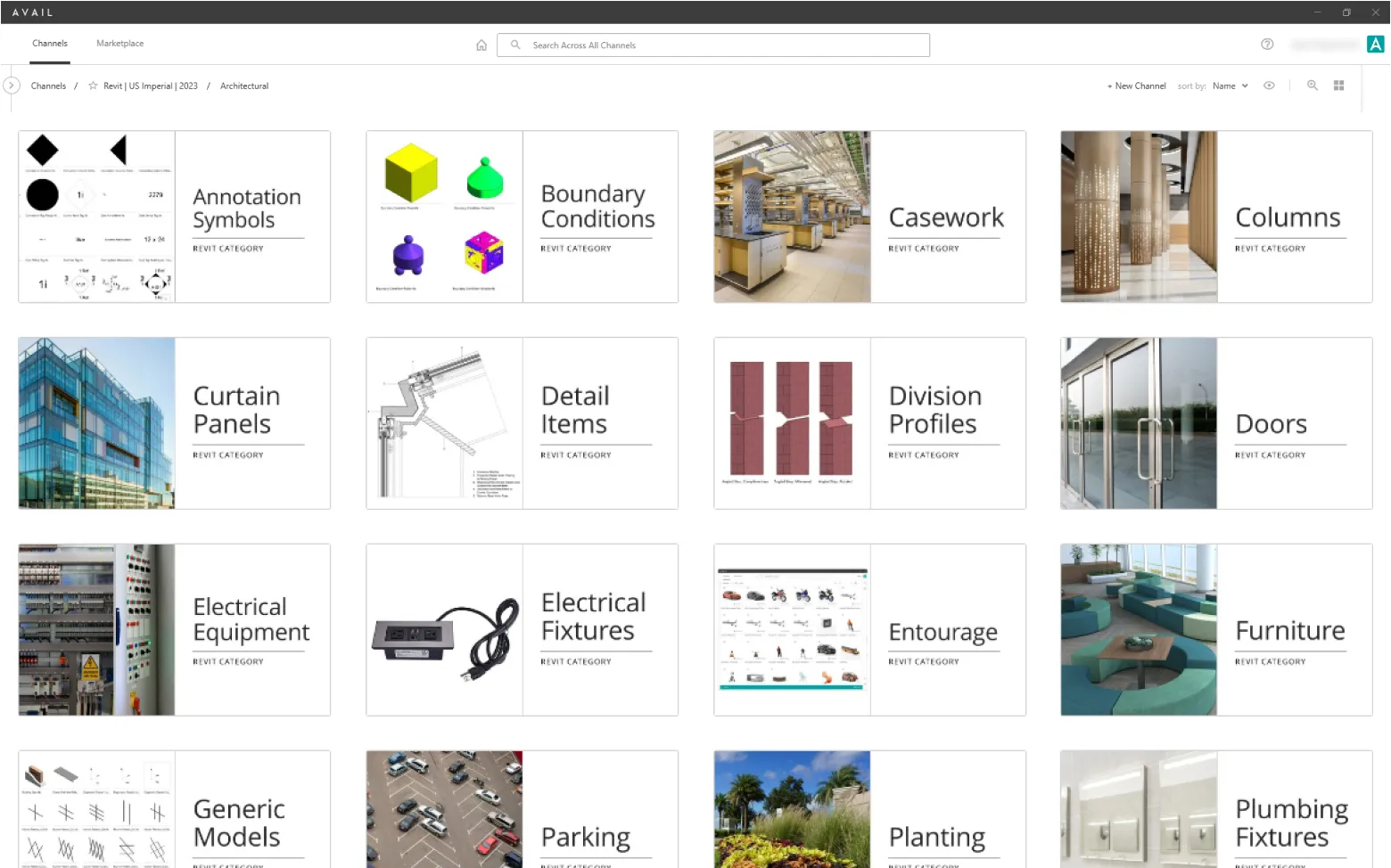 AVAIL Channel Cards organized by content types such as doors, columns, furniture, plumbing fixtures, and more