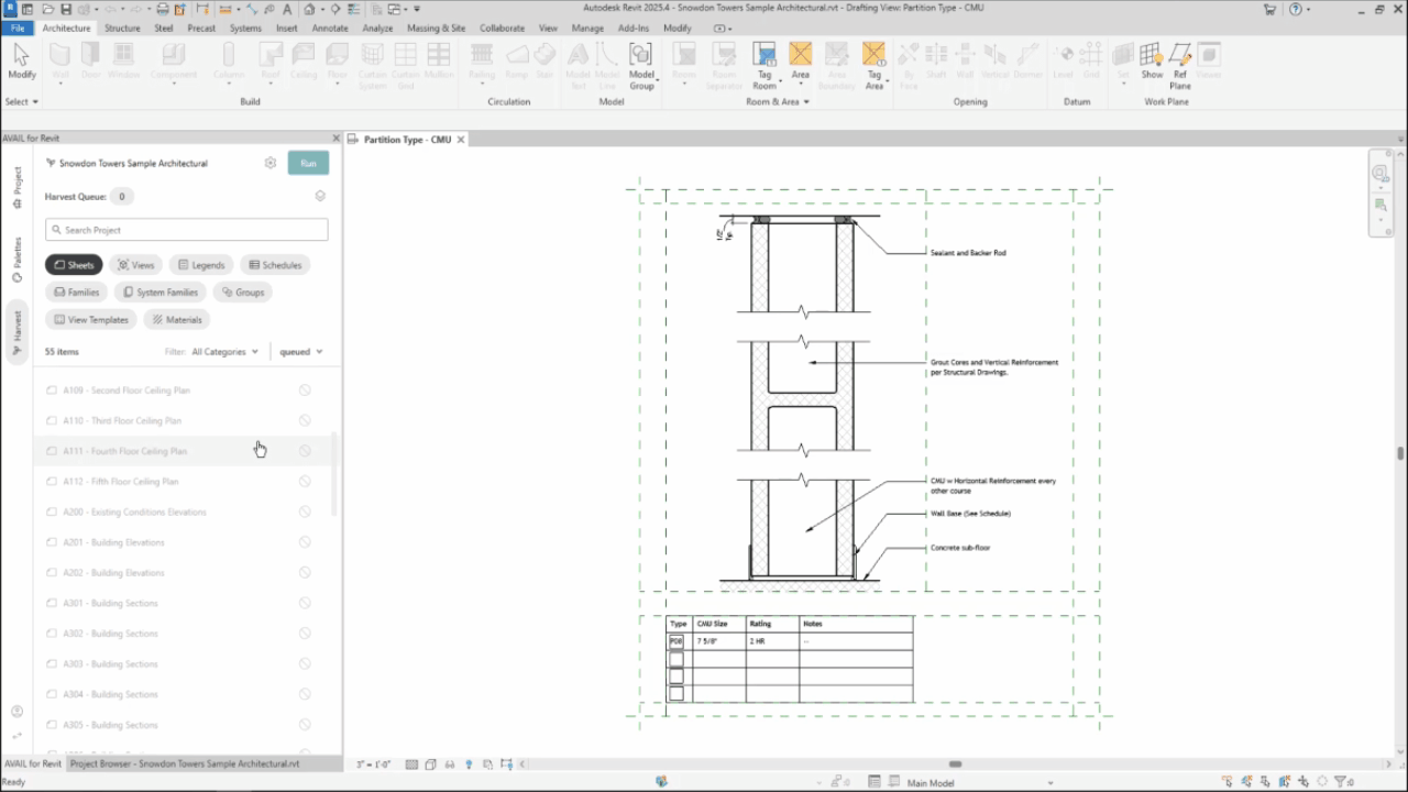 GIF showing Harvest in AVAIL for Revit add-in