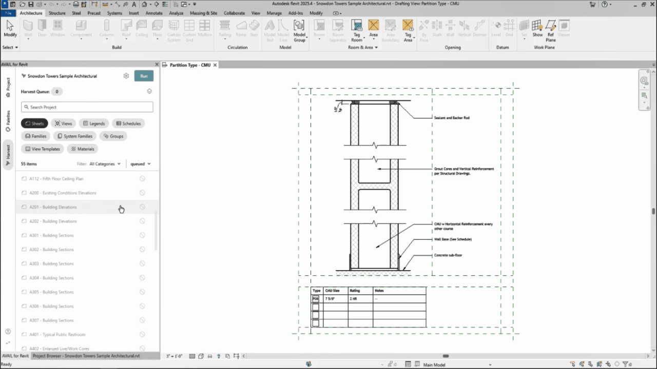 GIF showing Harvest in AVAIL for Revit add-in
