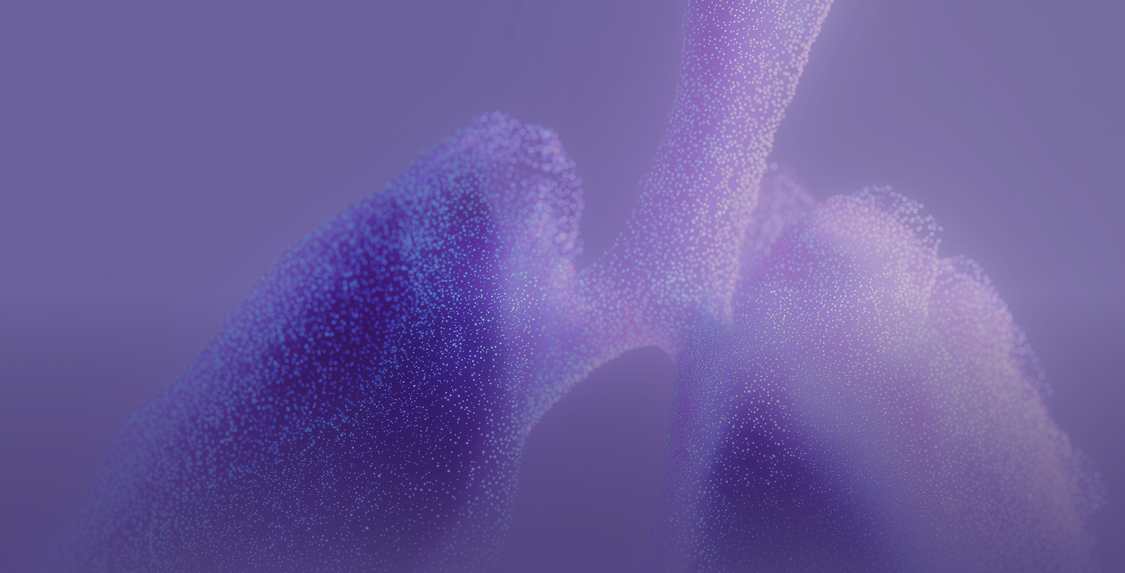 Abstract visualization of human lungs composed of small purple and blue particles on a purple background.