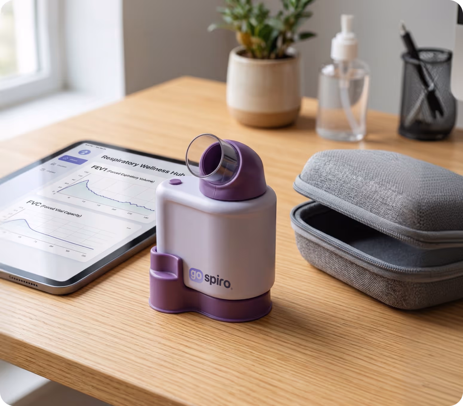 GoSpiro device on wooden table with tablet showing respiratory wellness graphs, an open carrying case, plant, hand sanitizer, and pen holder in background.