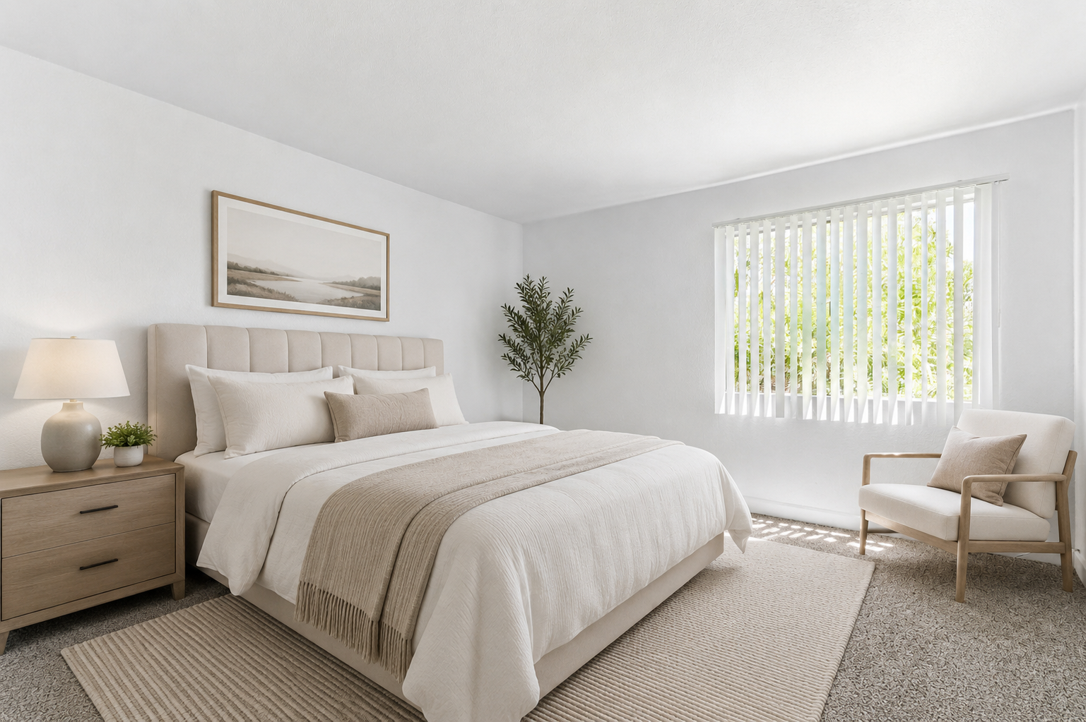 Unfurnished bedroom with large window and carpet