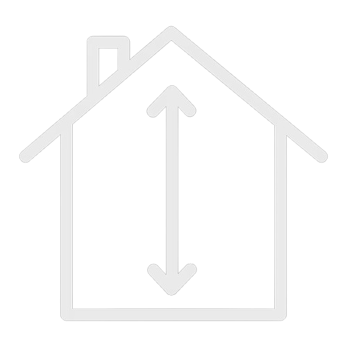 White outline of a house with a vertical double-headed arrow inside indicating ceiling height.