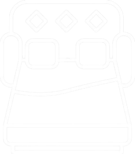 Icon of a white outlined sofabed with cushions on a black background.