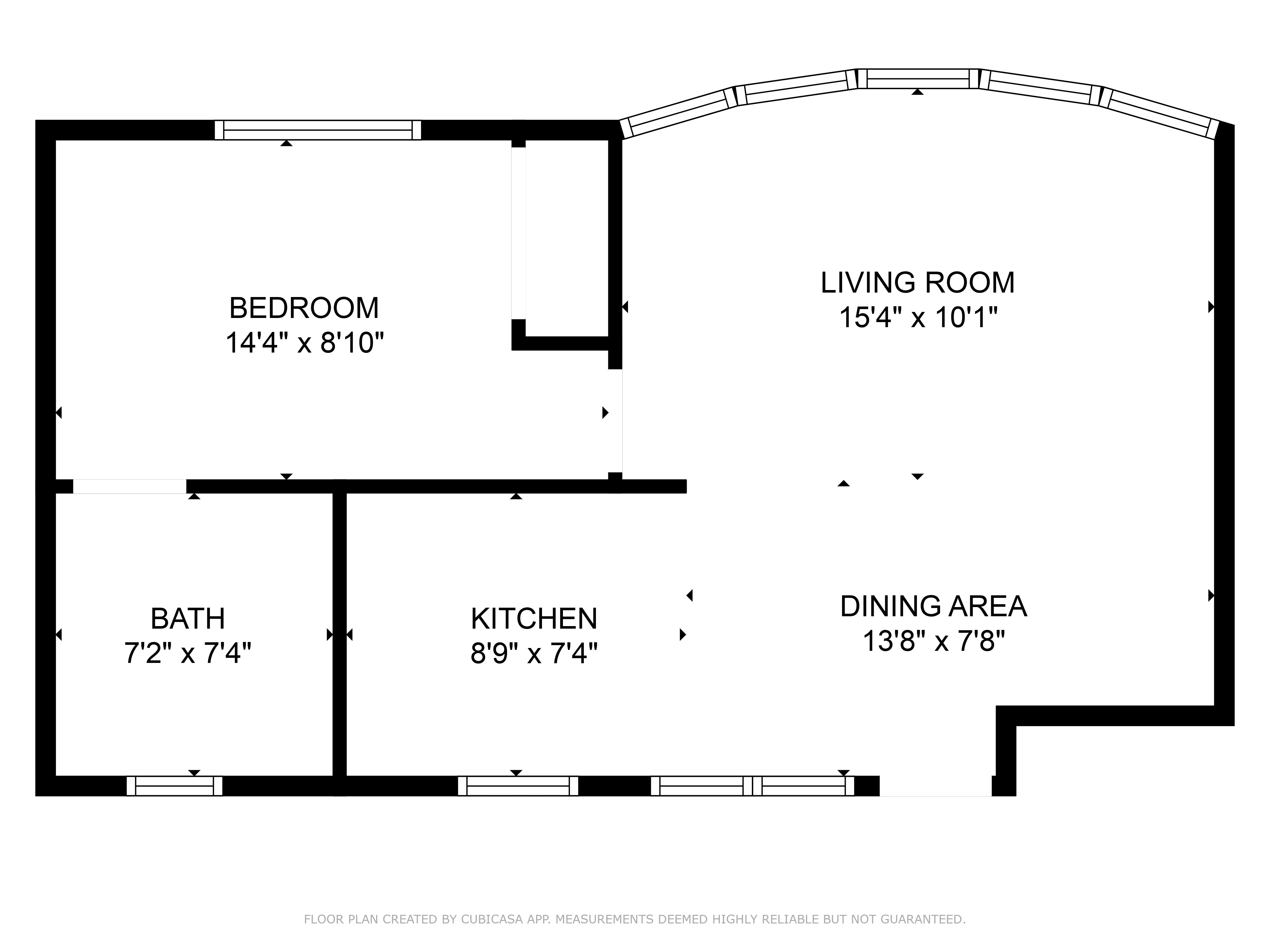 Floor plan showing a layout with a bedroom (14'4" x 8'10"), living room (15'4" x 10'1"), dining area (13'8" x 7'8"), kitchen (8'9" x 7'4"), and bathroom (7'2" x 7'4").