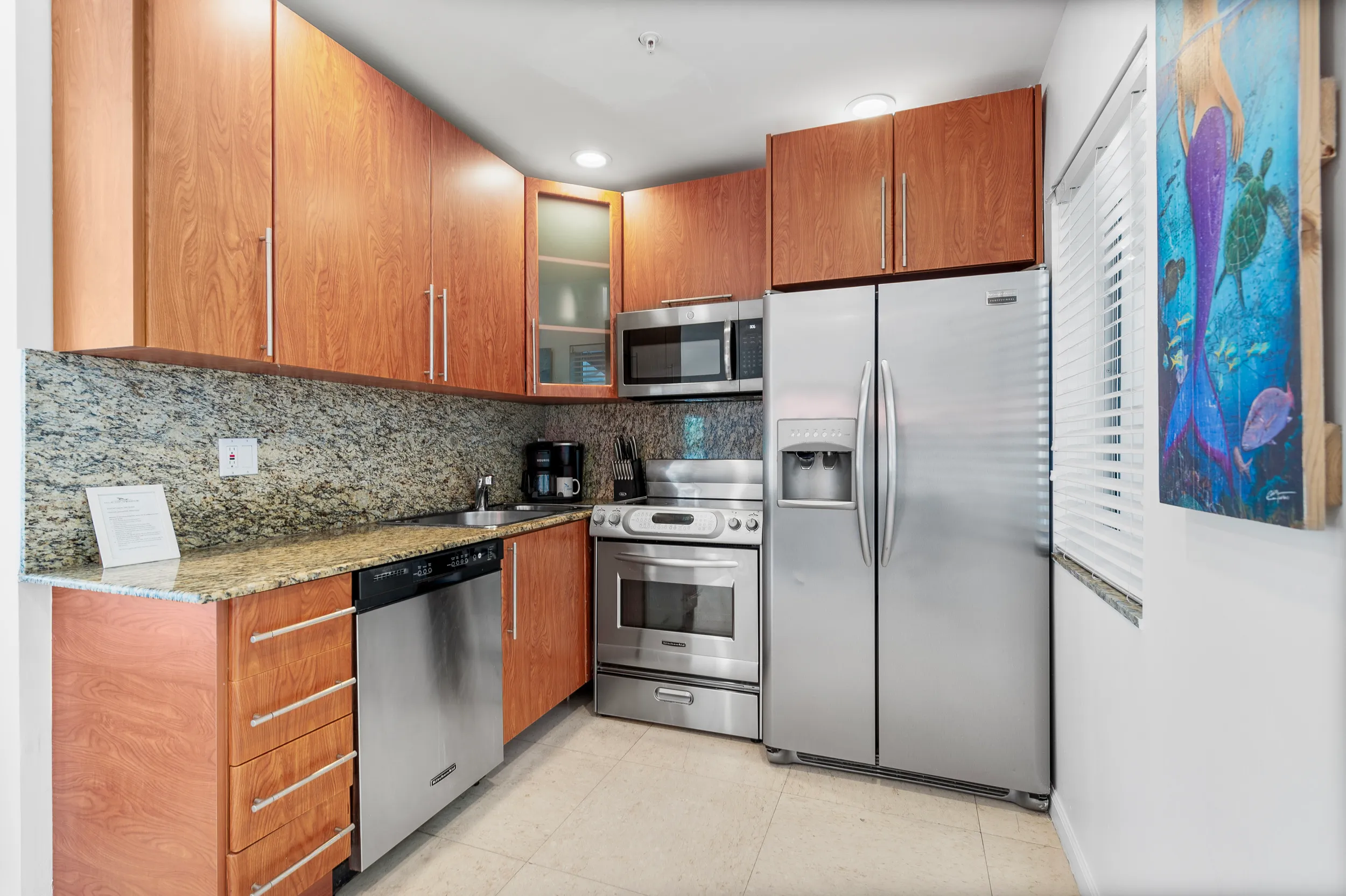 Modern kitchen with stainless steel appliances, wooden cabinets, granite countertops, and a colorful mermaid painting on the wall.