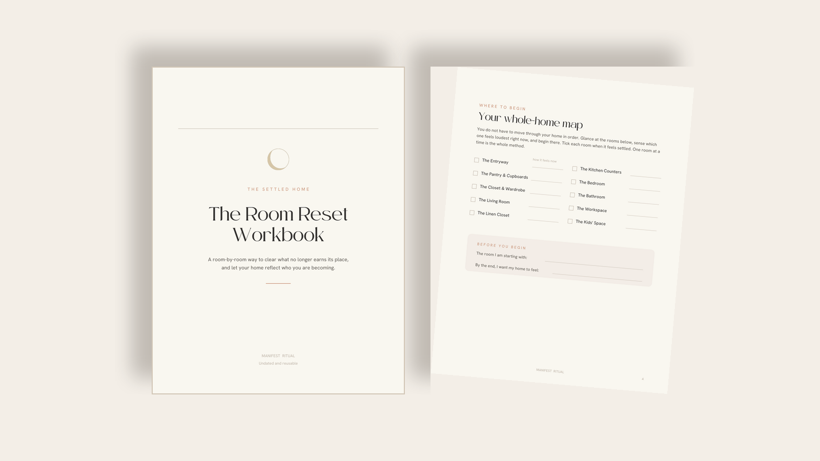 The Room Reset Workbook cover and whole-home map page