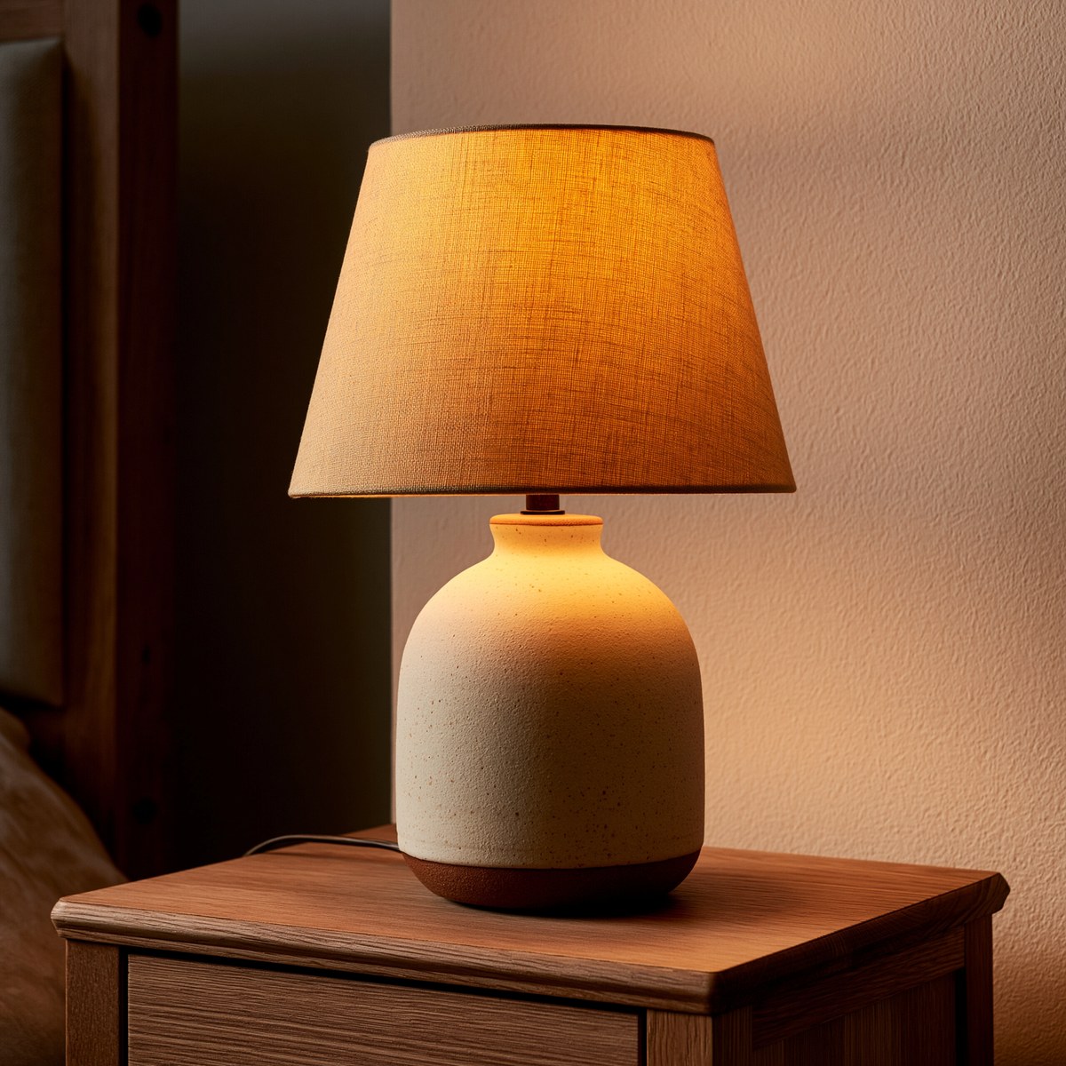 Warm lamp glowing low against a cream plaster bedroom wall at night