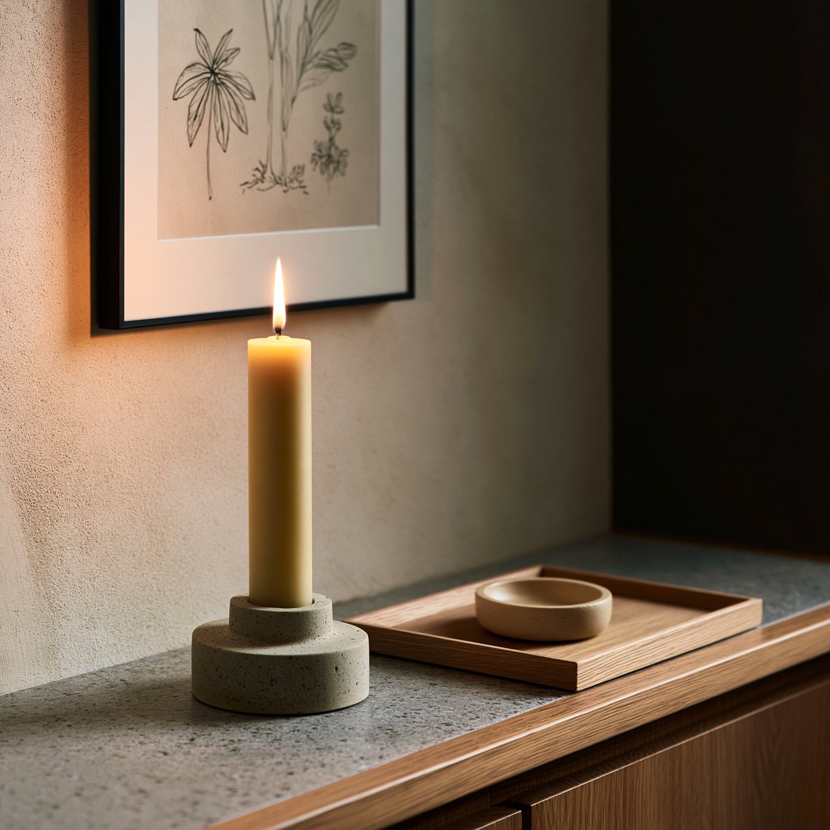 Single lit taper in a weighted stone holder against a cream plaster wall