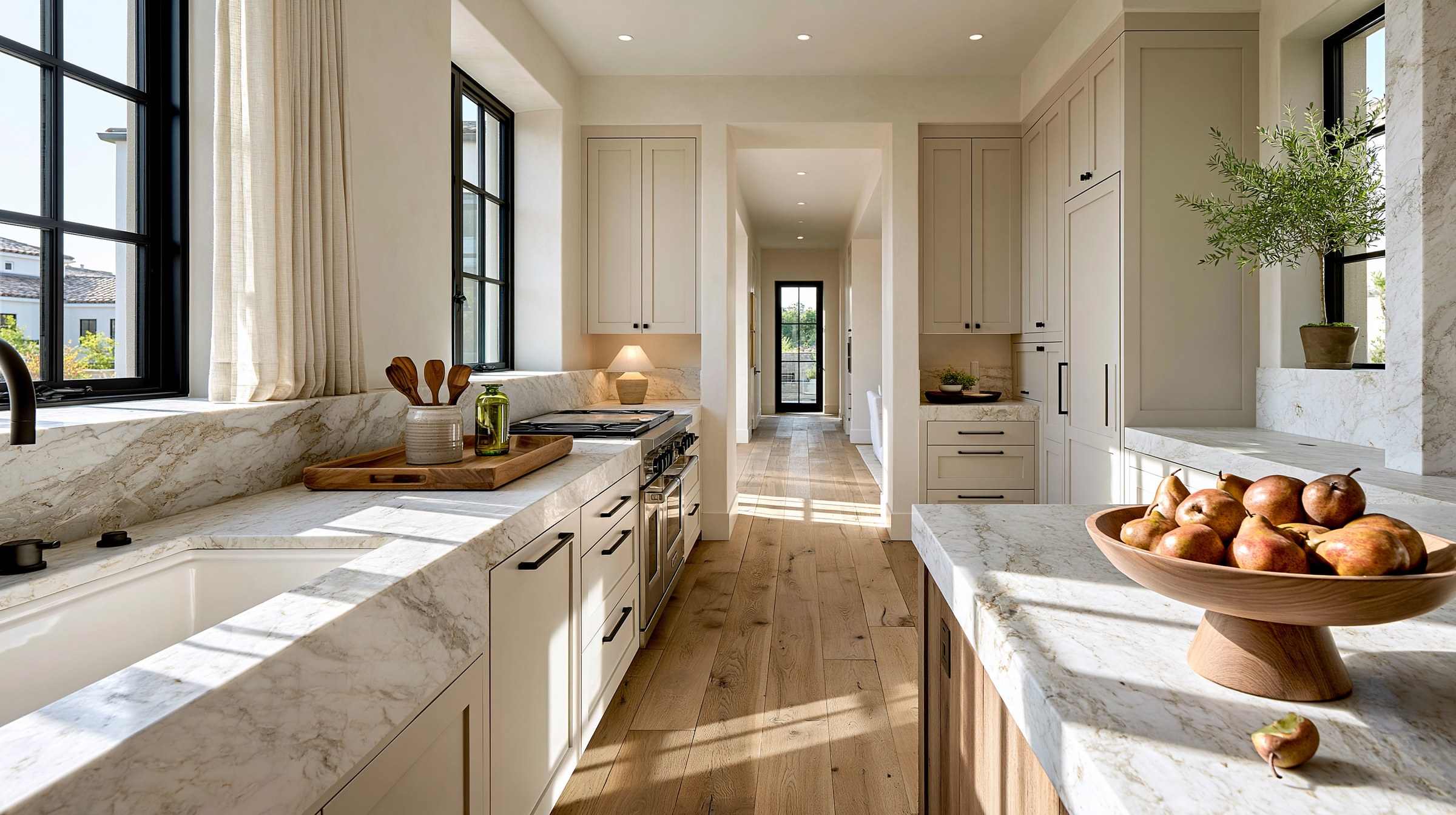 Bright kitchen with white marble counters kept clear, acacia tray and bowl of pears